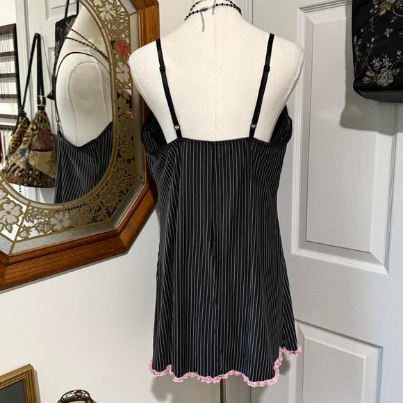Y2K Dreamgirl Black & White Pinstripe Pink Lace Trim Lingerie Slip w Underwire - Picture 5 of 8